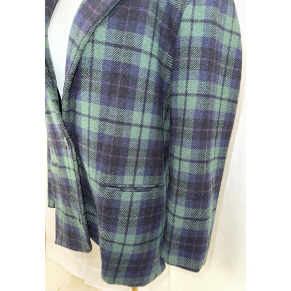Vintage Savannah Blazer WOOL Women's 14 Padded Shoulders Blue Green Plaid Tartan - Picture 4 of 7